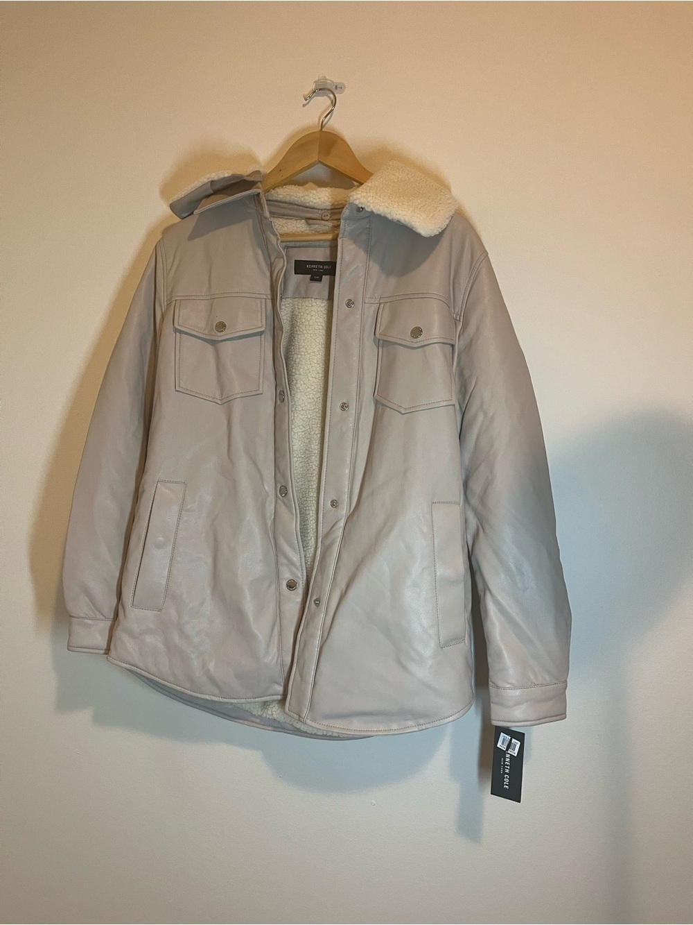 NEW Kenneth Cole Women's Updated Trench Faux-leather in Shacket Bone Size Small